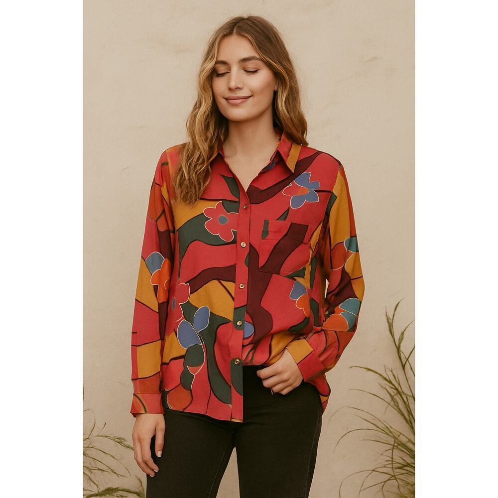 New Easel Abstract Floral Button Down Tunic Blouse Size S Multicolor